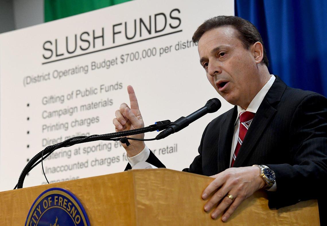 Fresno City Councilmember Garry Bredefeld speaks to the media as he exposes what he calls “slush-fund” spending by four other councilmembers, March 17, 2022.