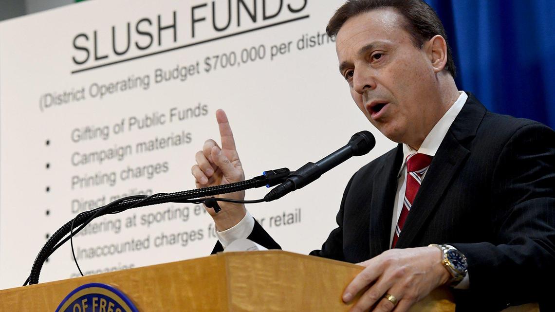 Fresno City Councilmember Garry Bredefeld speaks to the media as he exposes what he calls “slush-fund” spending by four other councilmembers, March 17, 2022.