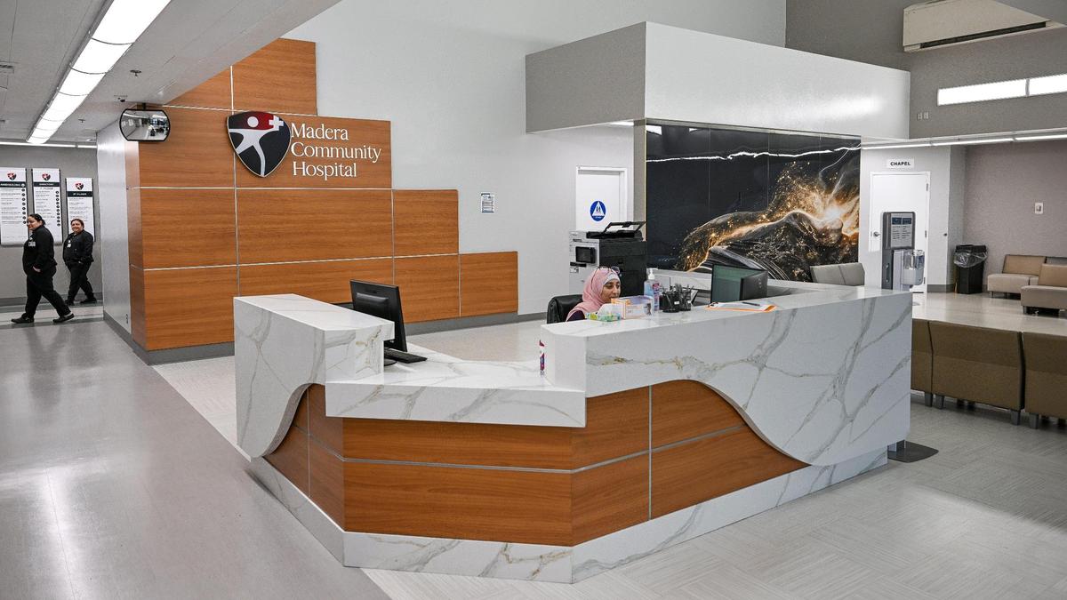 A remodeled reception area and lobby greets visitors at Madera Community Hospital in Madera during its reopening on Tuesday, March 18. 2025.