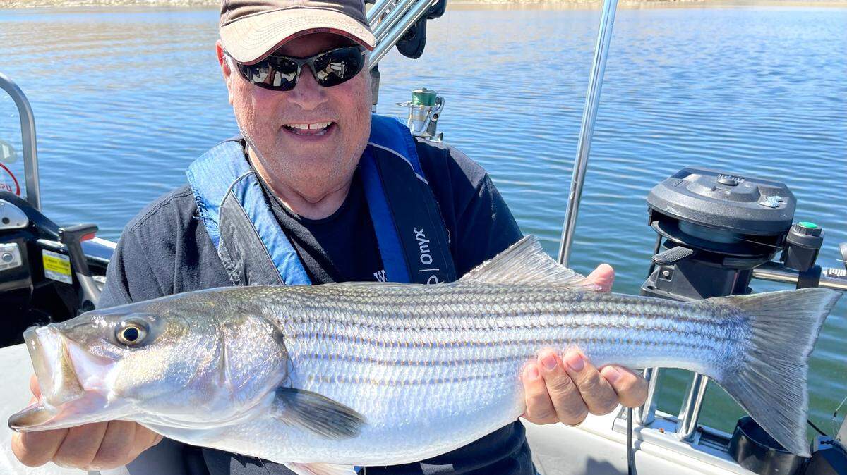 Russell Bader, 78, of Fresno shows off his personal-best striper caught May 13 at San Luis Reservoir.