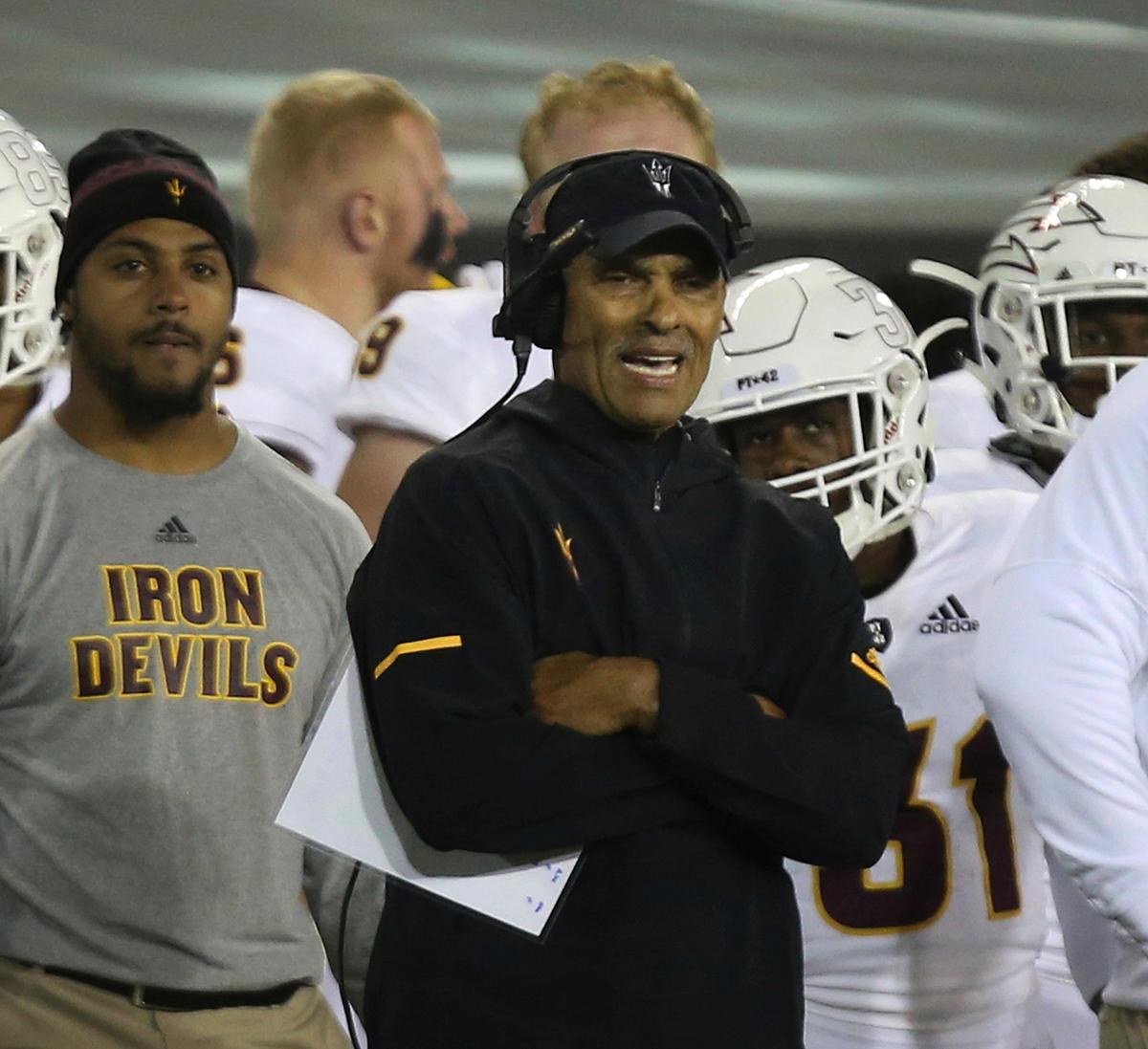 Arizona State head football coach Herm Edwards watches the team’s play against Oregon in the second quarter of an NCAA college football game Saturday, Nov. 17, 2018, in Eugene, Ore. (AP Photo/Chris Pietsch)