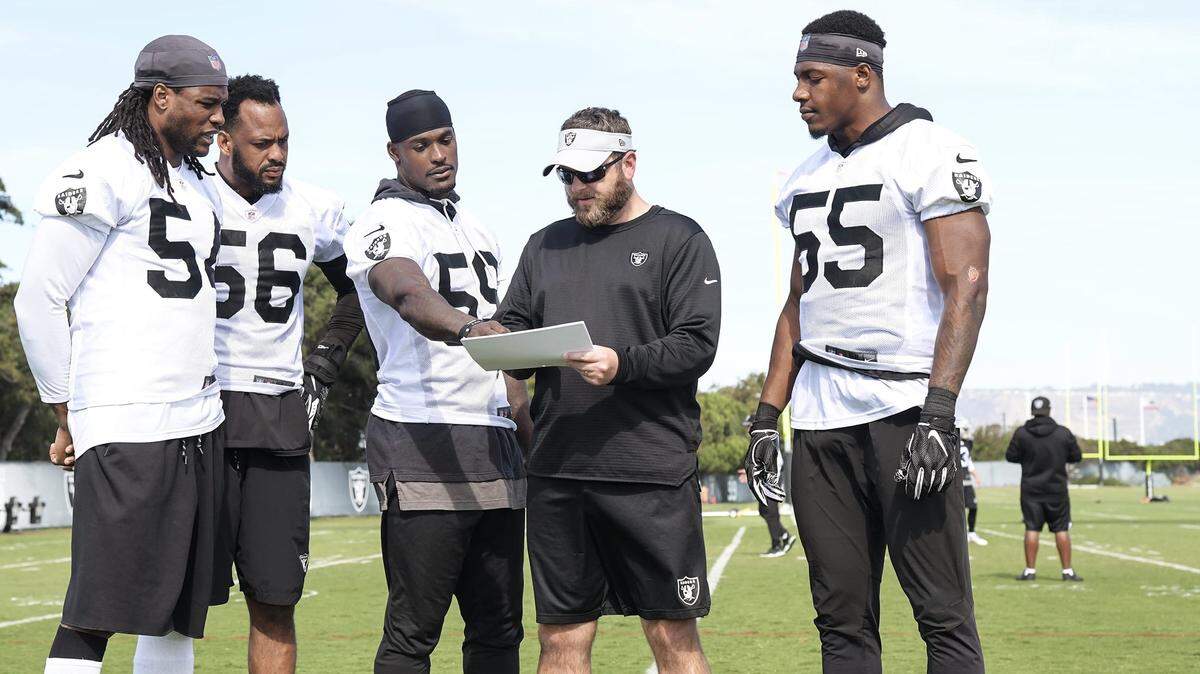 Left to right, Oakland Raiders linebackers Emmanuel Lamur, Derrick Johnson, Tahir Whitehead and Marquel Lee discuss a play with linebackers coach David Lippincott, middle.