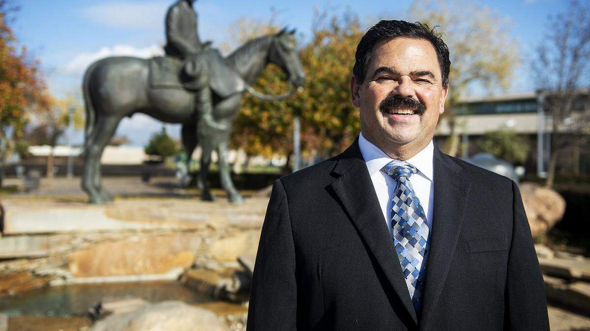 City of Los Banos Mayor Tom Faria poses for a portrait at Henry Miller Plaza in Los Banos, Calif., on Thursday, Dec. 17, 2020.