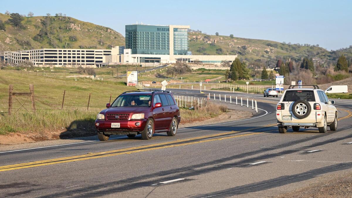A section of Millerton Road, just west of the new Table Mountain Hotel and Casino project, shows the point at which a widened section of the road in closer to the casino narrows to two lanes just as it hits a curve before continuing on into Friant.