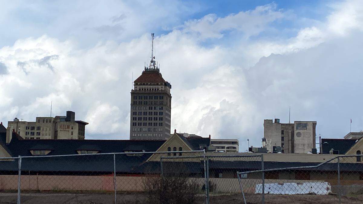 The Fresno skyline with clouds in the background on Friday, April 5, 2024.