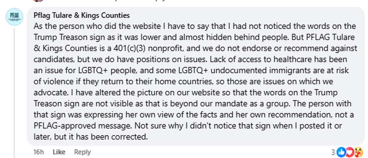 In a comment on a Facebook post PFLAG Tulare & Kings Counties explains the change to the image Supervisor Pete Vander Poel first saw when doing research.