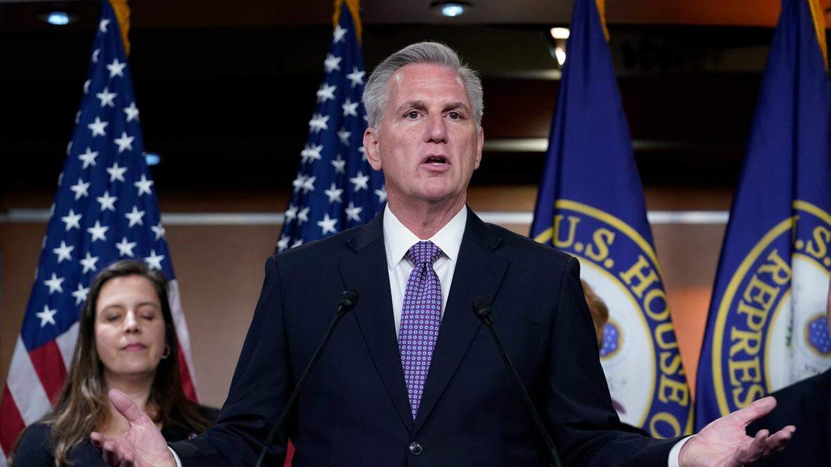 House Minority Leader Kevin McCarthy, R-Bakersfield, joined by Republican Conference Chair Elise Stefanik, R-N.Y., left, talks to reporters about the appropriations process by the majority Democrats to fund the government.