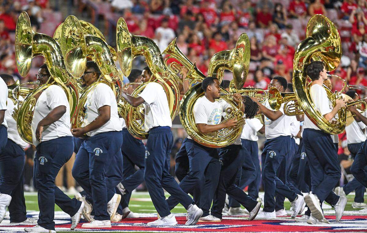 Members of the Southern University Human Jukebox Marching Band perform during halftime of Fresno State's game against Southern University at Valley Children's Stadium on Friday, Sept. 13, 2025.
