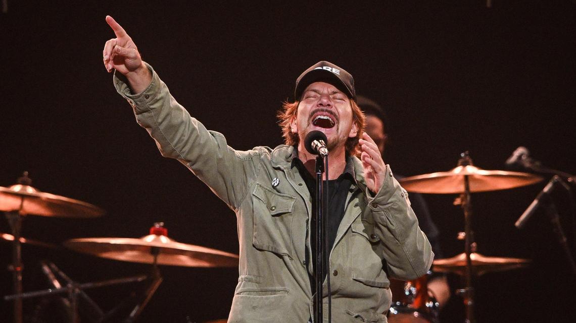 Eddie Vedder of Pearl Jam performs with the band during their North American tour stop at the Save Mart Center in Fresno on Monday, May 16, 2022.