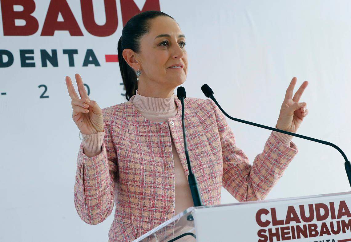 La presidenta electa de México Claudia Sheinbaum, habla durante una conferencia de prensa el 17 de julio en Ciudad de México.