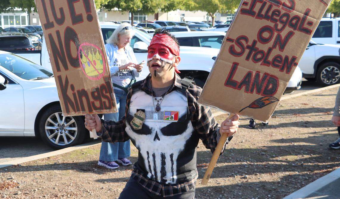 Hundreds of participants in the Oct. 18, 2025 No Kings rally showed up before the scheduled 9 a.m. start in the streets surrounding Manchester Mall.
