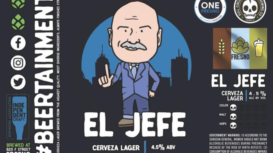 Full Circle Brewing Co. produced 15 cases of El Jefe cerveza lager, featuring a cartoon portrait of Fresno Mayor Jerry Dyer, for Thursday night’s State of the City event at Chukchansi Park.