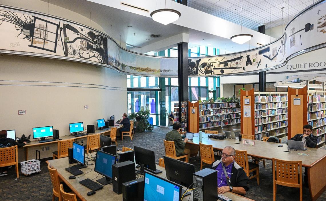 “The San Joaquin River: Gravity and Light,” which was illustrated by Janice Hansen and her three sons, is a large mural that wraps around a section high above the floor of the main room of the Woodward Park Library in north Fresno.