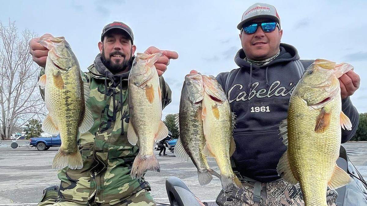 Angelo Queirolo and AJ Azevedo show off their winning catch of 14.22 pounds at the Christian Bass League tournament Feb. 25 in the Delta.