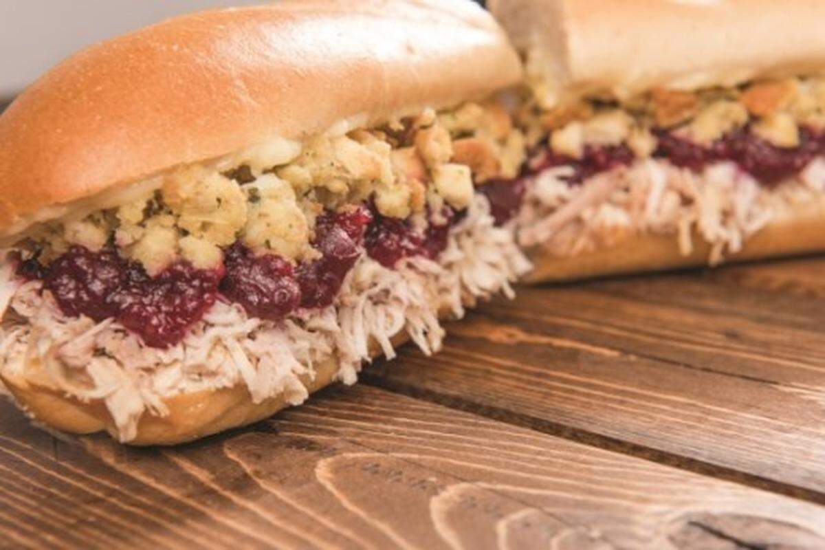 The Bobbie at Capriotti’s Sandwich Shop is described as Thanksgiving dinner on a sub. It’s shredded turkey, cranberry sauce, stuffing and mayonnaise. It comes cold or grilled and is named after the Aunt Bobbie of one of the founders.