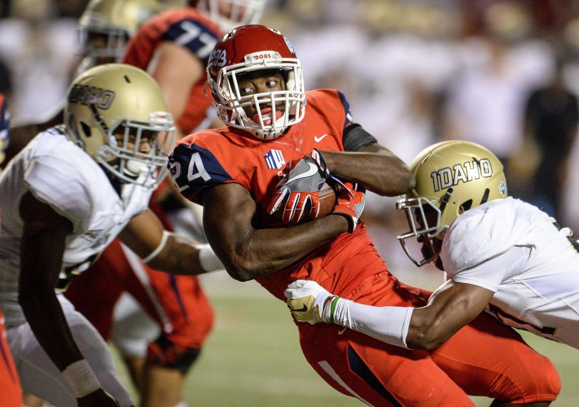 Fresno State’s Saevion Johnson scores one of his two touchdowns in the Bulldogs’ 79-13 rout of Idaho at Bulldog Stadium on Saturday, Sept. 1, 2018. The Bulldogs had seven rushing touchdowns in the game including three by Jordan Mims and two by Johnson.
