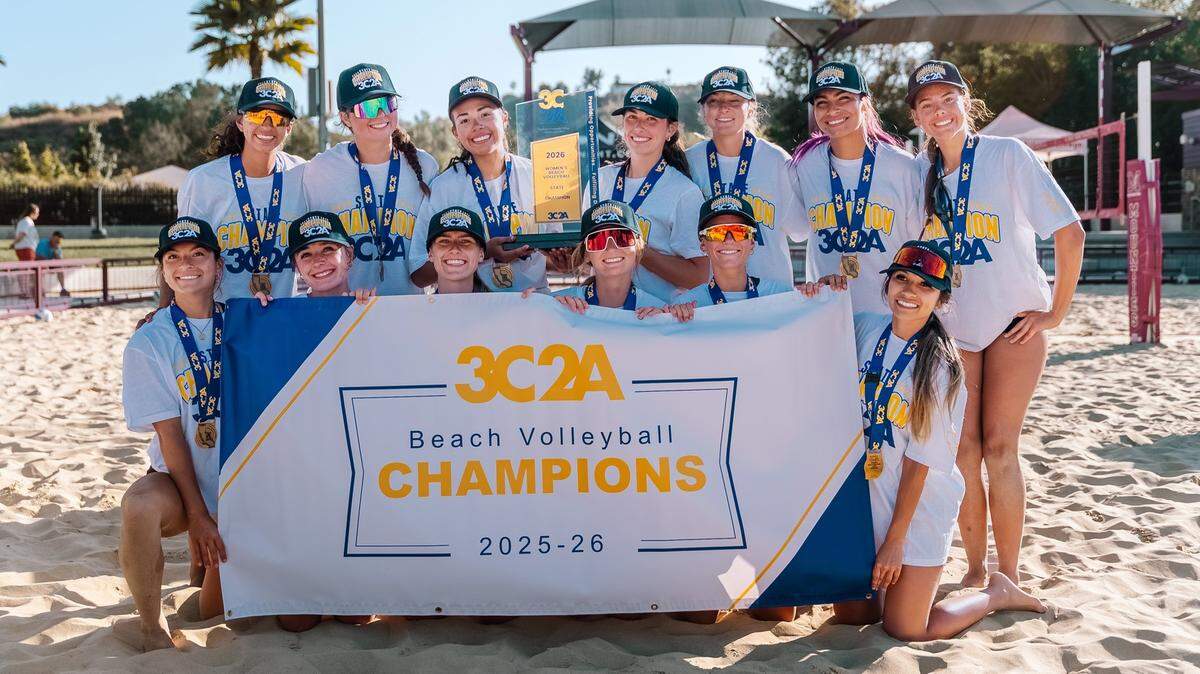 The Fresno City College beach volleyball team poses for a team photo after winning the state title on Thursday, May 7, 2026.