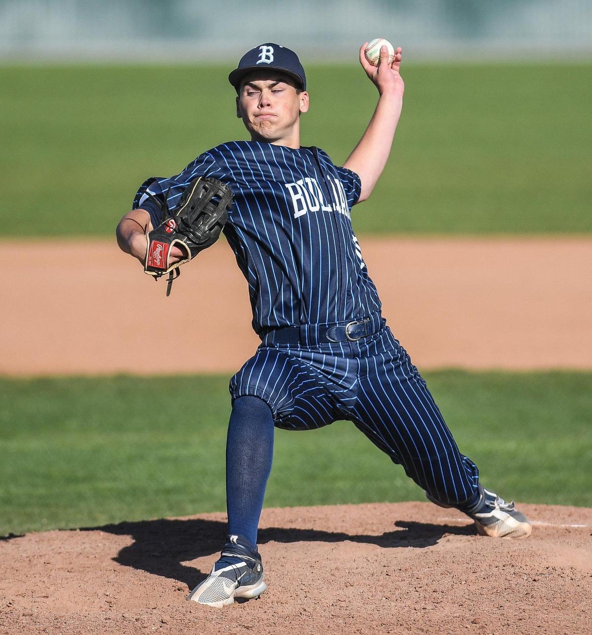 Bullard pitcher Aidan Weaver throws against Buhach Colony in their game at Bullard High School on Monday, April 3, 2023.
