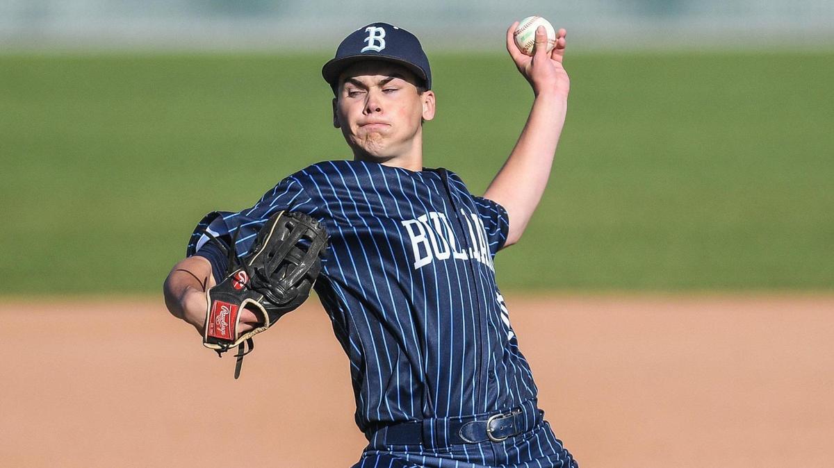 Bullard pitcher Aidan Weaver throws against Buhach Colony in their game at Bullard High School on Monday, April 3, 2023.