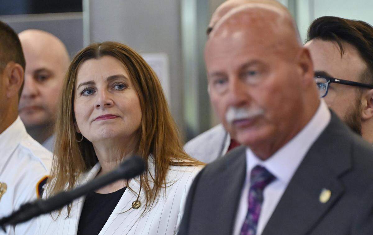 Fresno City Manager Georgeanne White, left, listens as Mayor Jerry Dyer presents the Fresno City 2027 budget to the media during a press conference at Fresno City Hall Wednesday, May 13, 2026 in Fresno.