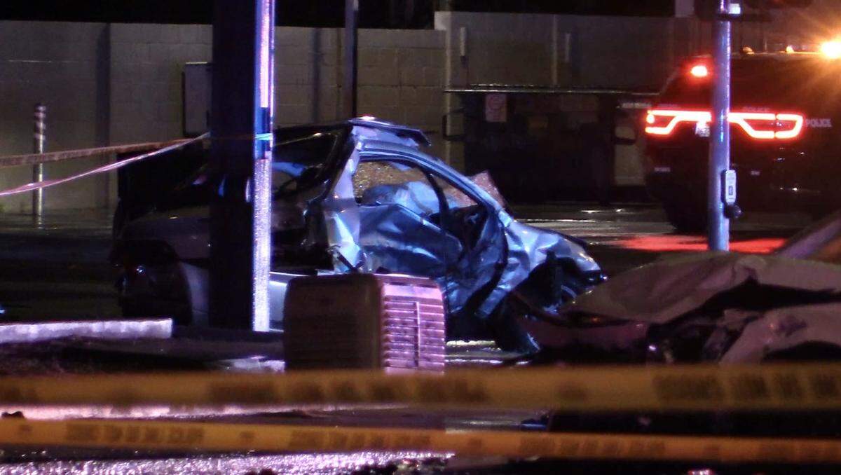 A woman was struck by another vehicle at Olive and Peach avenues following a chase in Fresno, California on Thursday, May 4, 2023. The woman was taken to a hospital with moderate injuries.