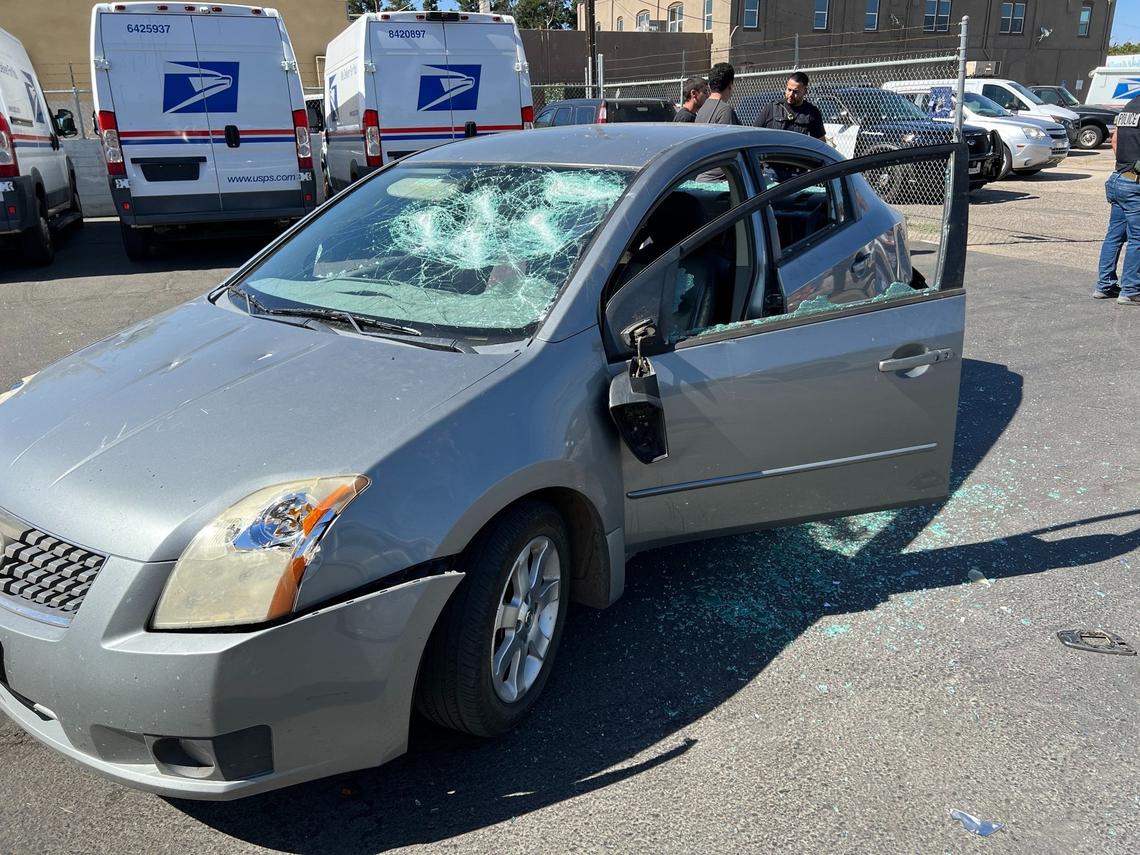 A vehicle was struck by a baseball bat in a road rage incident in Sanger, California on Monday, June 13, 2022.