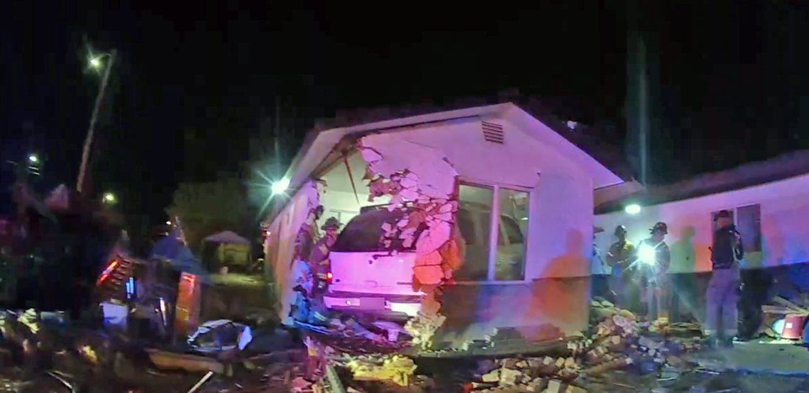 A vehicle crashed into a bedroom following a short pursuit that killed two women in Fresno, California on Wednesday, Oct. 16, 2024.