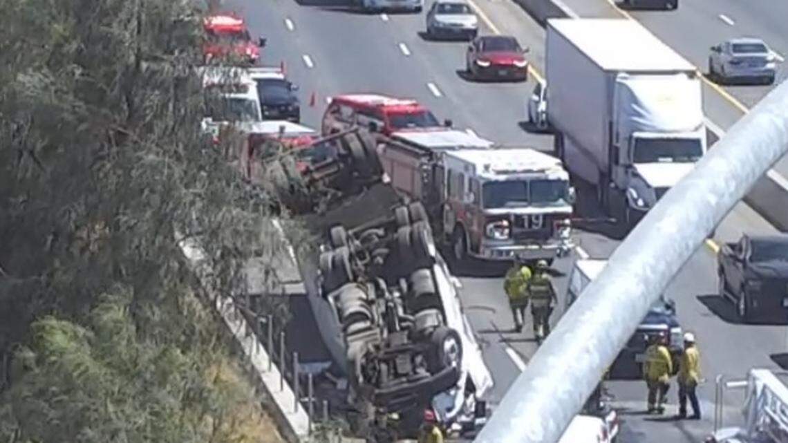 The wreckage of an oveturned semi captured by Caltrans camera