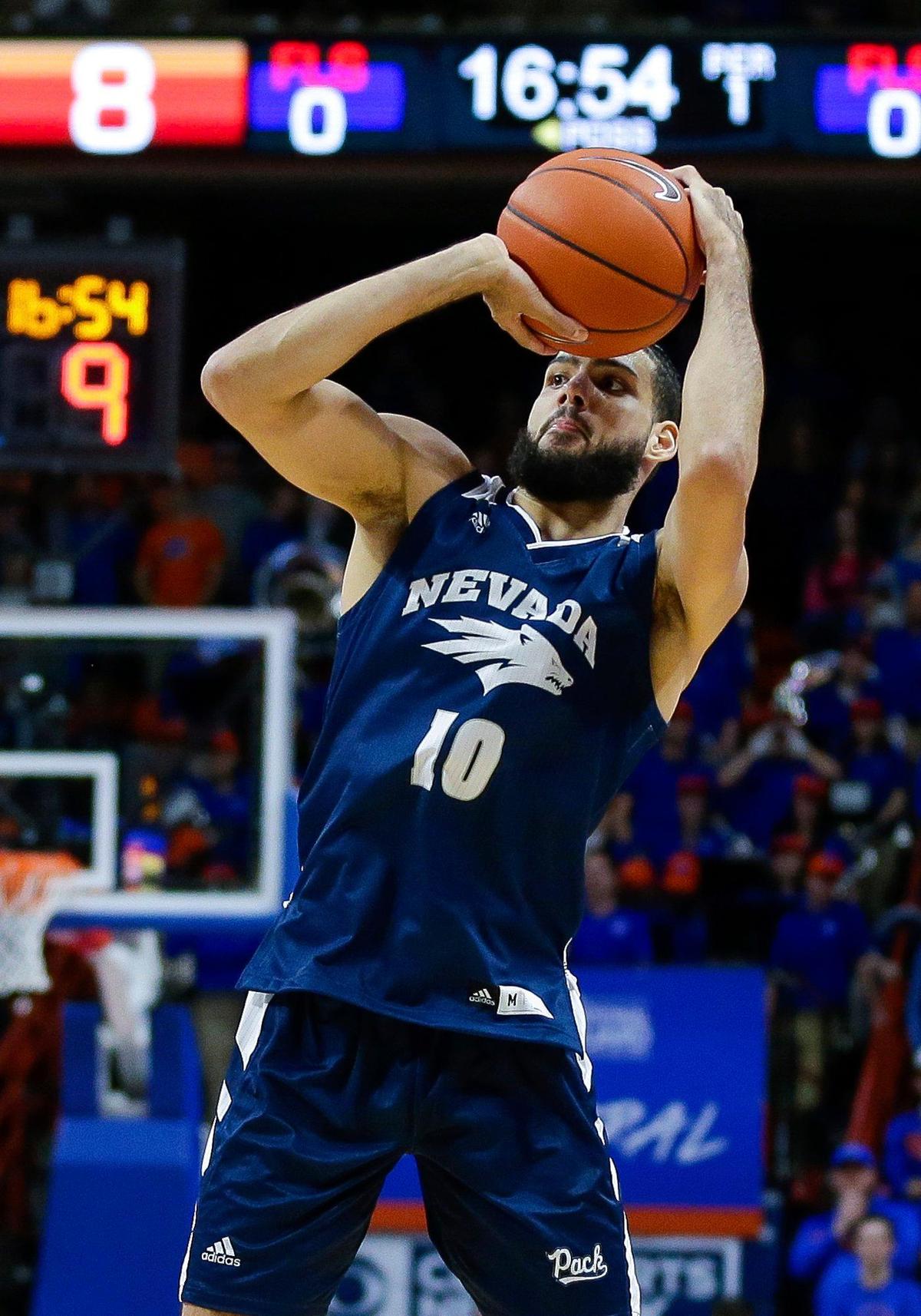 Nevada forward Caleb Martin (10) shoots a 3-pointer against Boise State Tuesday, Jan. 15, 2019, in Boise, Idaho. The Wolf Pack have attempted the most 3-point shots in the Mountain West, but rank last in the conference in 3-point field goal percentage.
