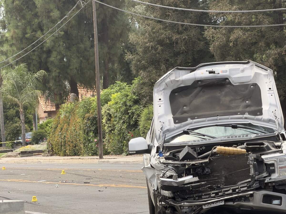 A truck with front-end damage following a fatal collision at Maple and Gettysburg Avenues in Fresno, California on Monday, July 13, 2026.