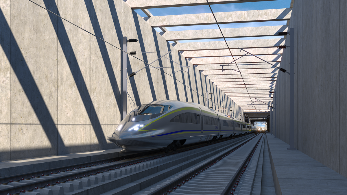 A rendering shows a train would look like traveling on high-speed rail tracks.
