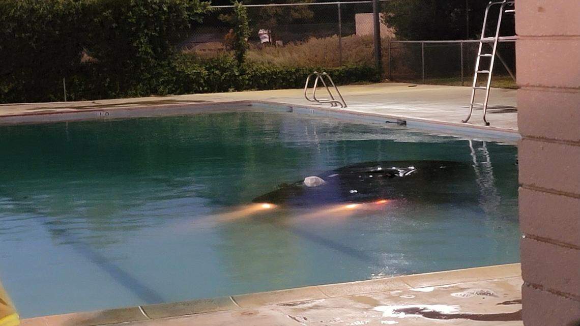 A suspected DUI driver crashes her vehicle into a pool that was occupied by 20 people in Sanger on Wednesday, June 29, 2022.