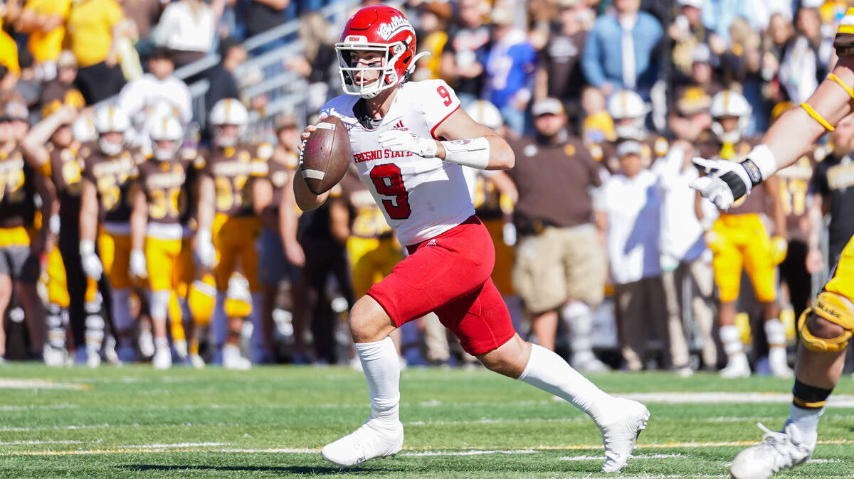 Oct 16, 2021; Laramie, WY, USA; Fresno State Bulldogs quarterback Jake Haener (9) against the Wyoming Cowboys at War Memorial Stadium. Mandatory Credit: Troy Babbitt-UW Media-Athletics