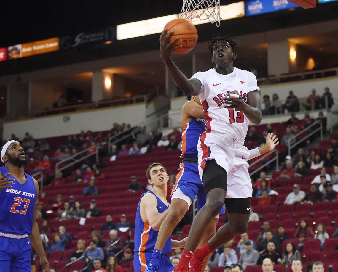 Fresno State’s Aguir Agau drives by Boise State’s RayJ Dennis Saturday, Jan. 25, 2020 in Fresno. The Bulldogs lost 87-53, their worst loss ever at the Save Mart Center.