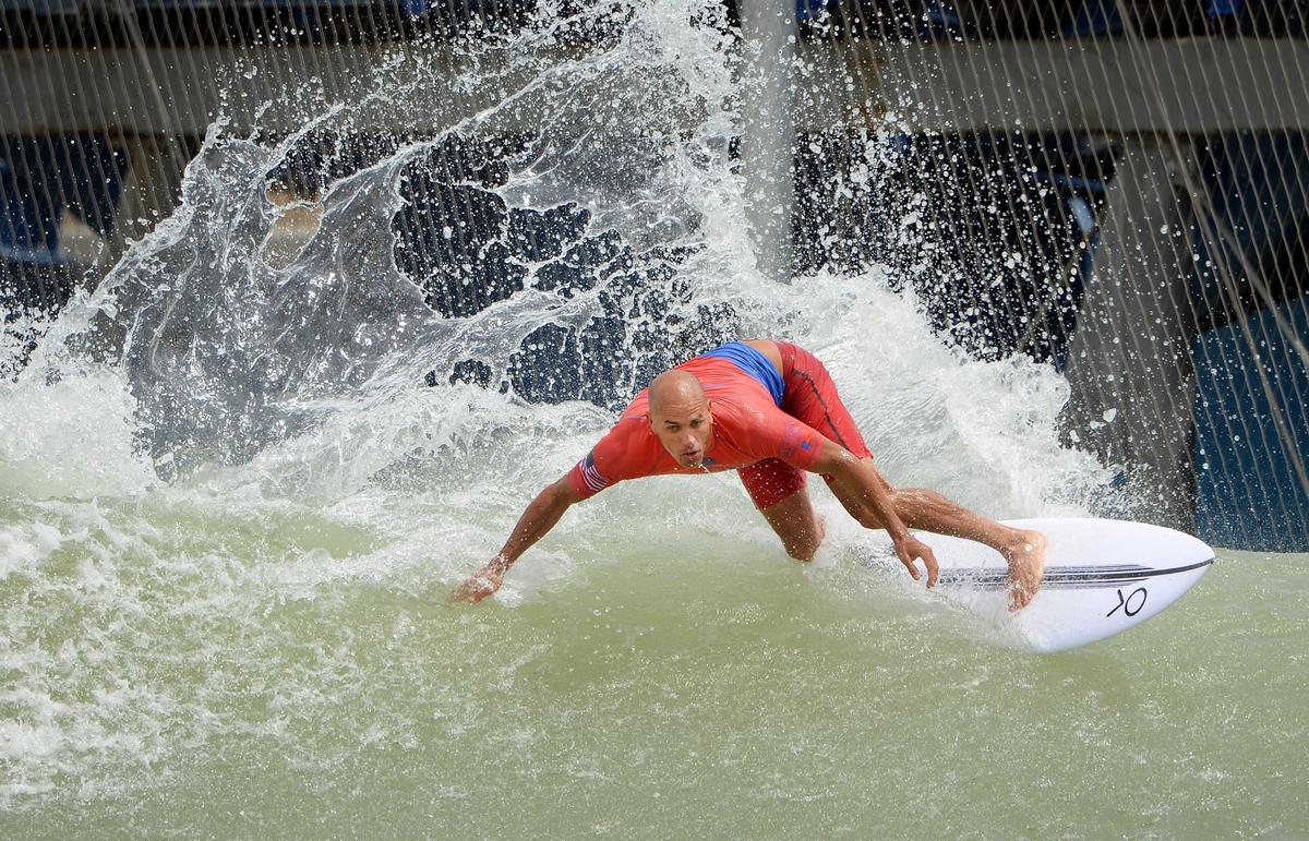 Kelly Slater turns on his first-round qualifying run during the World Surfing League Founders' Cup at the Kelly Slater Surf Ranch in Lemoore on Saturday, May 5, 2018.