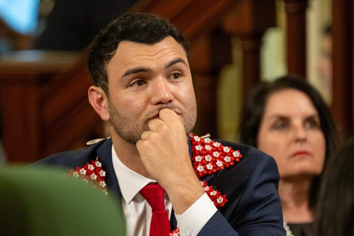 Newly elected Assemblymember David Tangipa, R-Fresno, listens at the state Capitol during the Assembly’s first meeting of the new legislative session on Monday, Dec. 2, 2024.