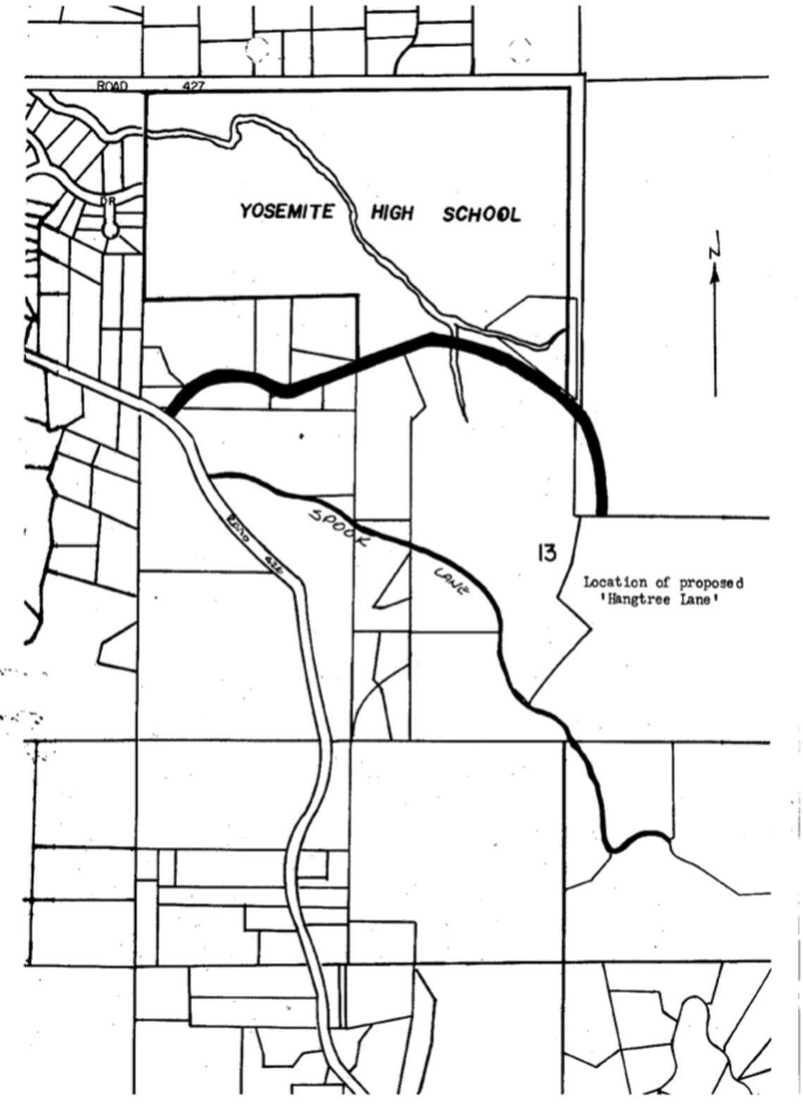 A map showing the location of a then-proposed Hangtree Lane, approved by the Madera County Planning Commission in 1981.