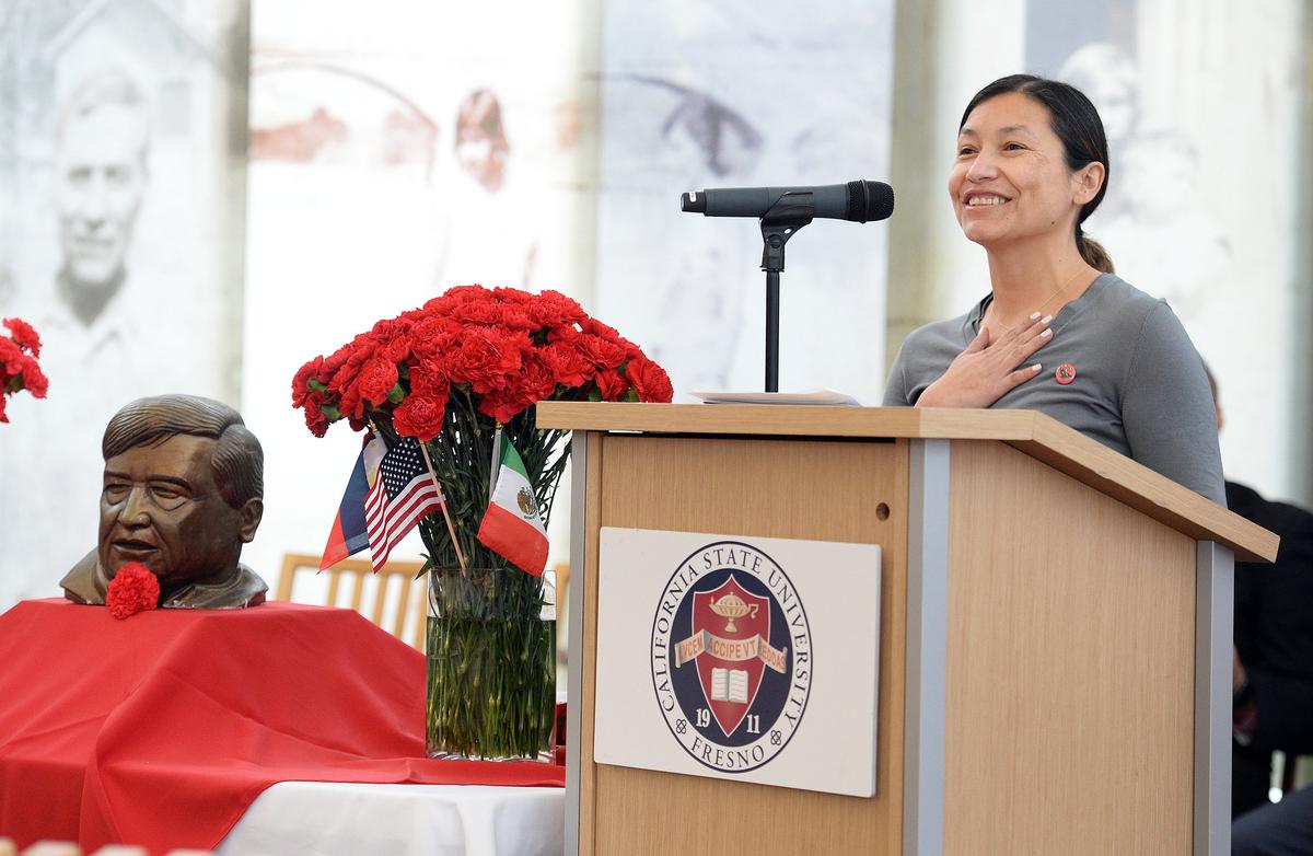 Julie Chavez Rodriguez, granddaughter of civil rights leader Cesar Chavez, gives the keynote speech as part of Fresno State's annual Cesar E. Chavez Celebration in the Madden Library on Wednesday, March 21, 2018, to commemorate his upcoming birthday on March 31.