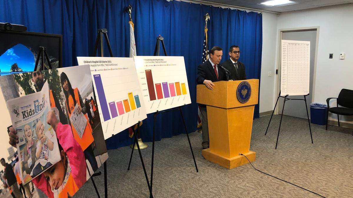 During a news conference Wednesday, March 20, Fresno City Councilmembers Garry Bredefeld, left, and Miguel Arias call on California Attorney General Rob Bonta to investigate Valley Children’s Hospital.