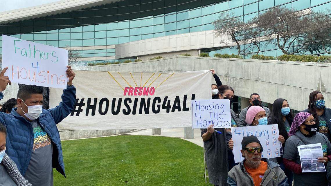 Dozens of Fresno community members gathered at City Hall on Friday, March 4, 2022 to urge city leaders to take action on housing needs, ranging from homeless resources to rent stabilization.