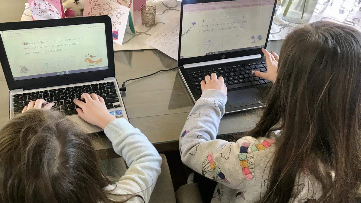 Jill Simonian’s daughters in the midst of home schooling.