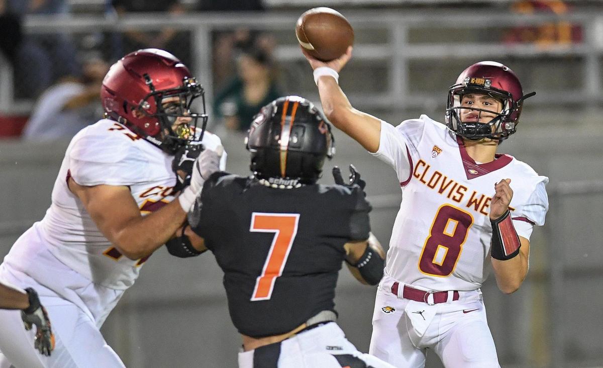 Clovis West quarterback Ryan Markarian throws against Central during their football game at Deran Koligian Stadium on Friday, Oct. 21, 2022.