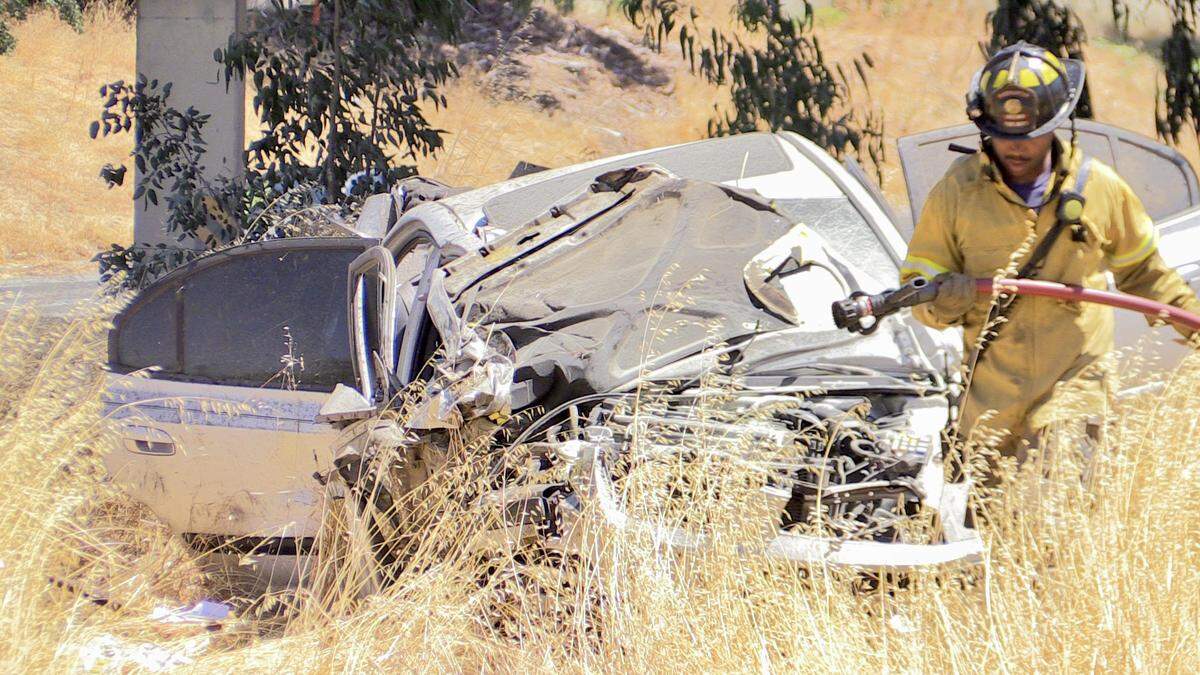 A woman was seriously hurt after she was ejected following a collision on a Fresno, California highway on Saturday, Aug. 12, 2023. Two other people in the vehicle had minor injuries.