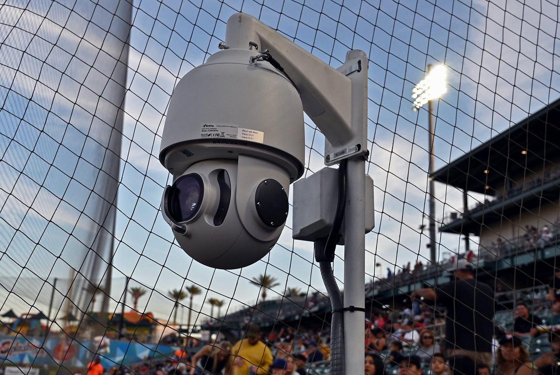 A new camera, located near first base, is seen at the Fresno Grizzlies season opener against the Stockton Ports Friday, April 8, 2022 at Chukchansi Park in Fresno.
