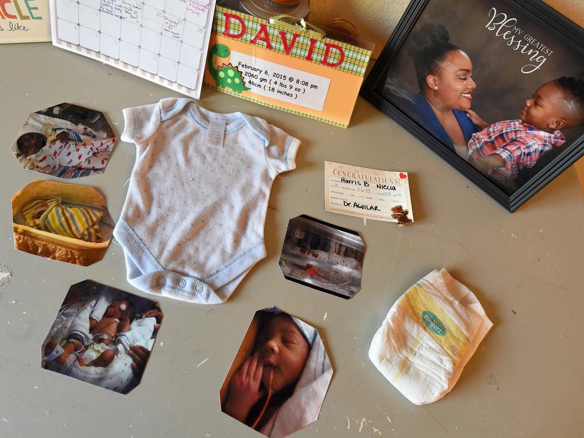 Niecia Harris, has kept mementos from the birth of her son, David Jones, who was born prematurely at 32 weeks, weighing 4 pounds, 9 ounces, and is now a healthy, active 4-year-old.