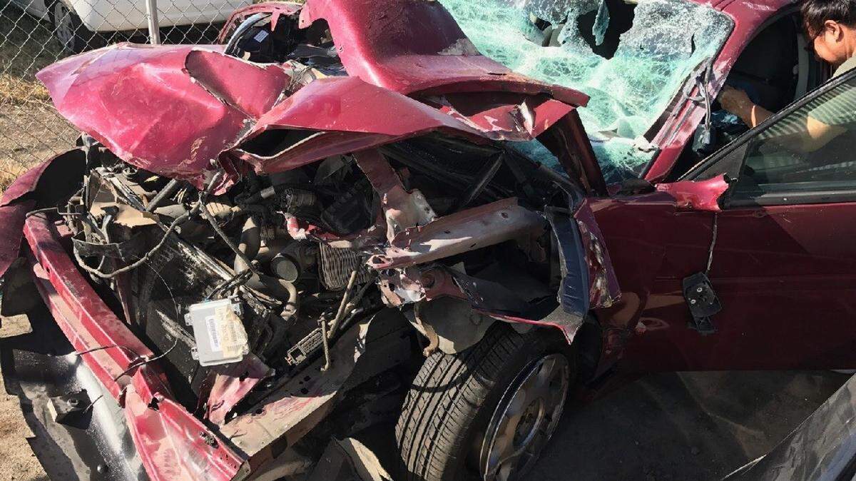 The car driven by Jose Salvador Garza in 2017 when he crashed with another vehicle on his way to work at Wawona Packing in Cutler.