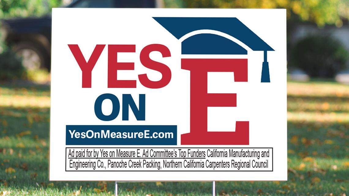 A yard sign urges Fresno County voters to vote for Measure E, a 0.25% sales tax proposal to support facility improvements at Fresno State. The Yes on Measure E campaign has both raised and spent the most money so far in the runup to the March 5 primary election.