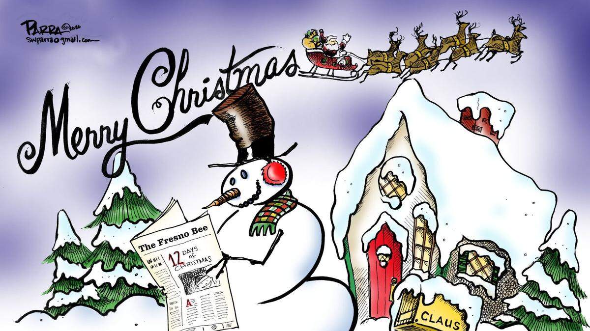 Frosty reads The Fresno Bee while Santa delivers gifts to boys and girls.