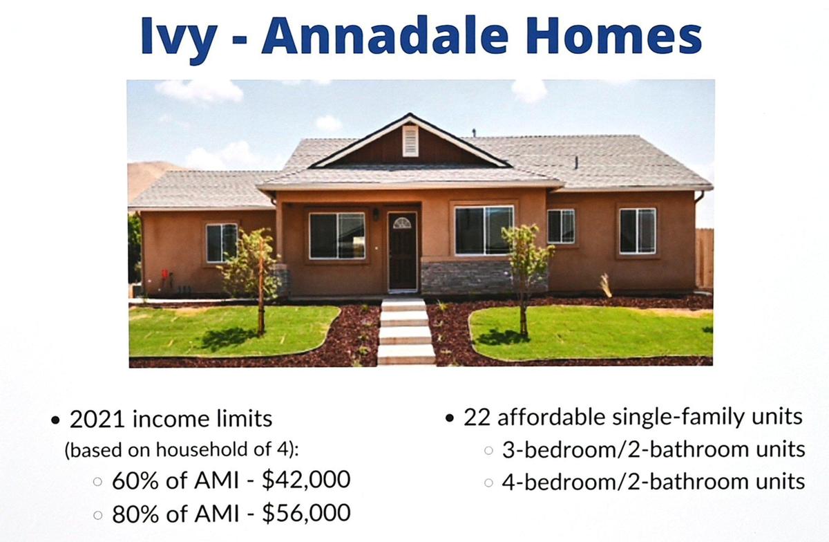 A poster displayed at a press conference, showing one of the proposed new homes, to be constructed at Annadale and Ivy avenues for a Self-Help Enterprises project for affordable homes in Southwest Fresno, Tuesday morning, Jan. 25, 2022.