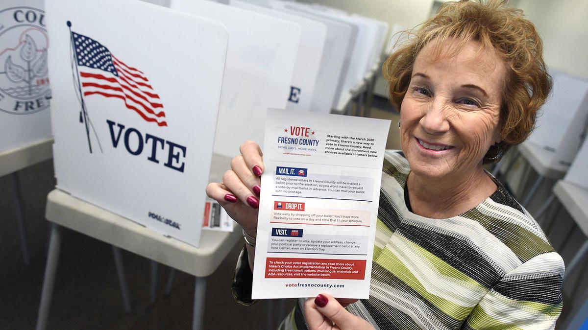 Brandi Orth, Fresno County Clerk, holds an informational flyer about improvements for the March 2020 primary election under the Voter’s Choice Act, including more hours and days to vote, more flexibility in casting a ballot and where to vote. Voters will be able to drop off their ballots in any of 43 secured metal drop boxes throughout the county, as well as any of the 53 voting centers, at which any registered voter can now vote.